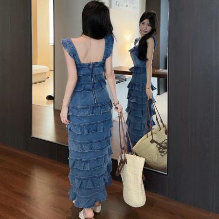BY17779# 法式浪漫风气质绝美春季新款蓝色荷叶边牛仔吊带蛋糕背心裙女 服裝批發女裝批發服飾貨源