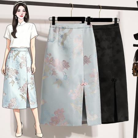 大码新款夏季爆款国风高腰显瘦开叉垂感A字包臀裙 服裝批發女裝批發服飾貨源