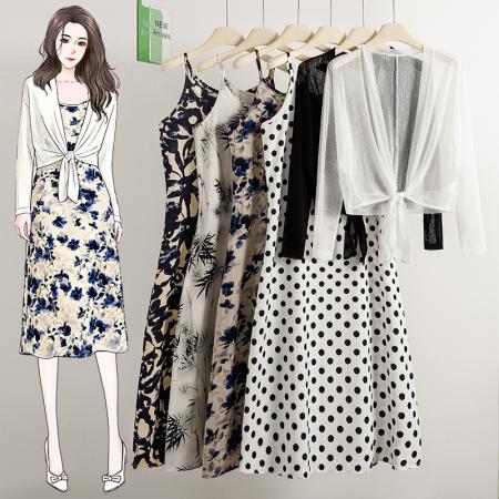 BY17782# 印花连衣裙女性感吊带裙子＋拼接防晒衫外套 服裝批發女裝批發服飾貨源