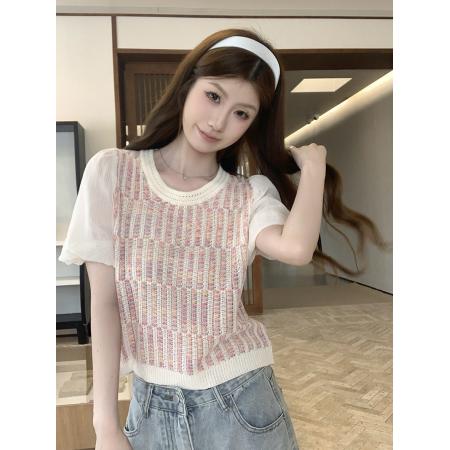 法式小香风独特彩虹条纹泡泡袖上衣女夏季减龄百搭小衫 服裝批發女裝批發服飾貨源