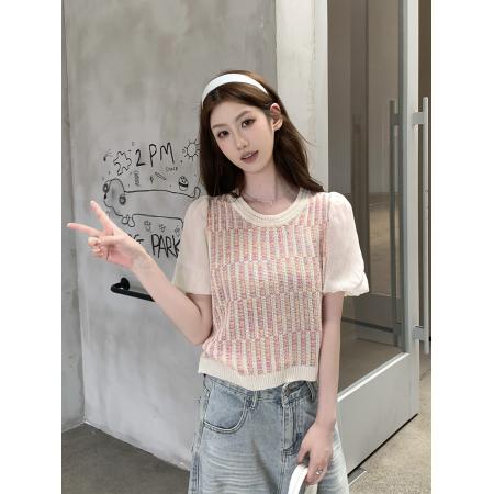 法式小香风独特彩虹条纹泡泡袖上衣女夏季减龄百搭小衫 服裝批發女裝批發服飾貨源