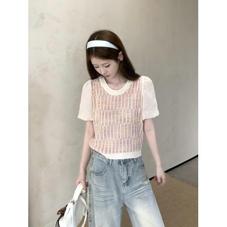 法式小香风独特彩虹条纹泡泡袖上衣女夏季减龄百搭小衫 服裝批發女裝批發服飾貨源