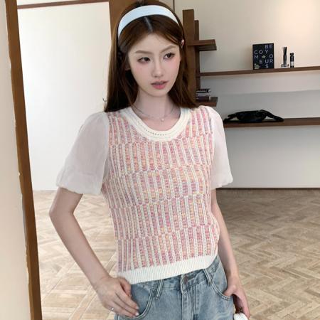 法式小香风独特彩虹条纹泡泡袖上衣女夏季减龄百搭小衫 服裝批發女裝批發服飾貨源