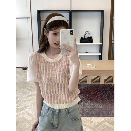 法式小香风独特彩虹条纹泡泡袖上衣女夏季减龄百搭小衫 服裝批發女裝批發服飾貨源