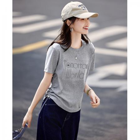 高级感立体字母T恤夏季时尚百搭圆领抽绳调节上衣女 服裝批發女裝批發服飾貨源