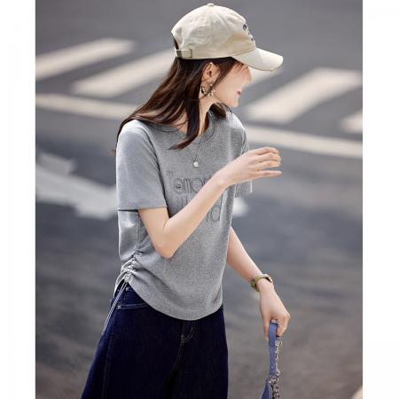 BY17787# 高级感立体字母T恤夏季时尚百搭圆领抽绳调节上衣女 服裝批發女裝批發服飾貨源