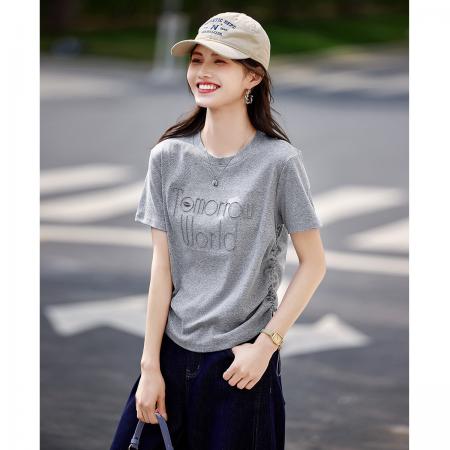 BY17787# 高级感立体字母T恤夏季时尚百搭圆领抽绳调节上衣女 服裝批發女裝批發服飾貨源