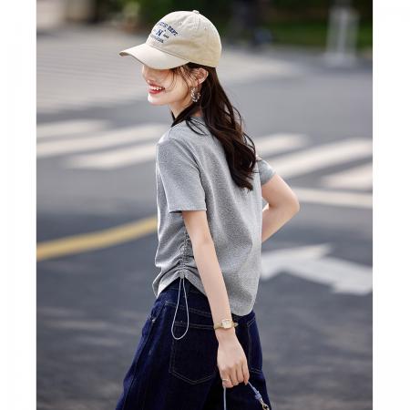 BY17787# 高级感立体字母T恤夏季时尚百搭圆领抽绳调节上衣女 服裝批發女裝批發服飾貨源