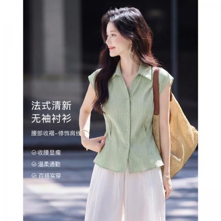 轻通勤松弛感气质衬衫26年夏新收腰翻领无袖女式衬衫 服裝批發女裝批發服飾貨源
