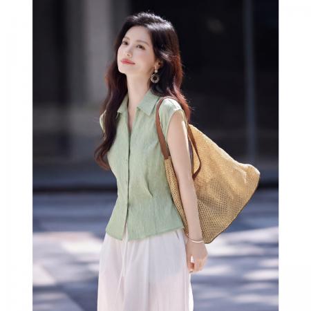 轻通勤松弛感气质衬衫26年夏新收腰翻领无袖女式衬衫 服裝批發女裝批發服飾貨源