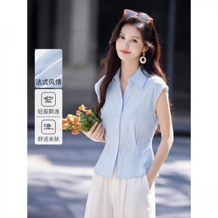 轻通勤松弛感气质衬衫26年夏新收腰翻领无袖女式衬衫 服裝批發女裝批發服飾貨源