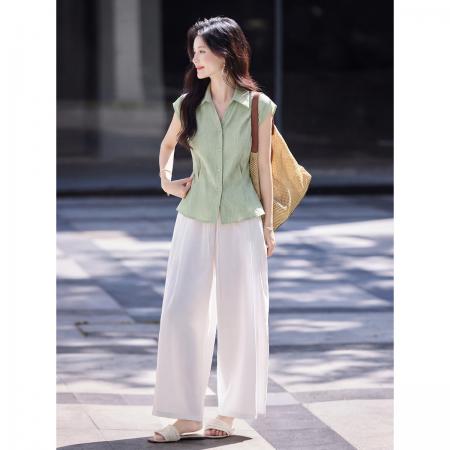 轻通勤松弛感气质衬衫26年夏新收腰翻领无袖女式衬衫 服裝批發女裝批發服飾貨源