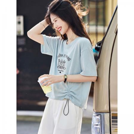 抽绳百搭设计感上衣26夏时尚休闲刺绣短袖T恤 服裝批發女裝批發服飾貨源