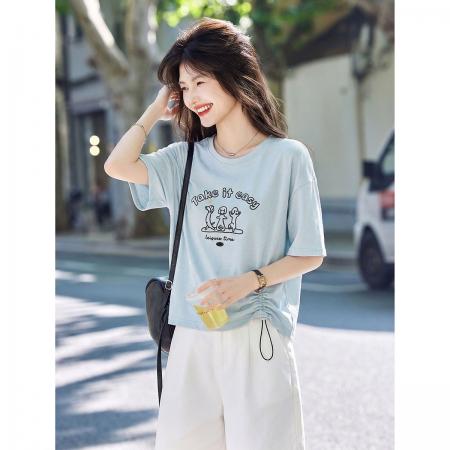 BY17789# 抽绳百搭设计感上衣26夏时尚休闲刺绣短袖T恤 服裝批發女裝批發服飾貨源