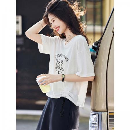 BY17789# 抽绳百搭设计感上衣26夏时尚休闲刺绣短袖T恤 服裝批發女裝批發服飾貨源