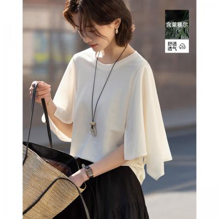 莱赛尔夏季名媛风圆领七分喇叭袖宽松显瘦小个子t恤女高级感 服裝批發女裝批發服飾貨源