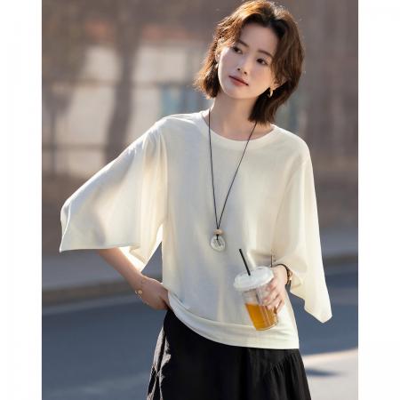 BY17791# 莱赛尔夏季名媛风圆领七分喇叭袖宽松显瘦小个子t恤女高级感 服裝批發女裝批發服飾貨源