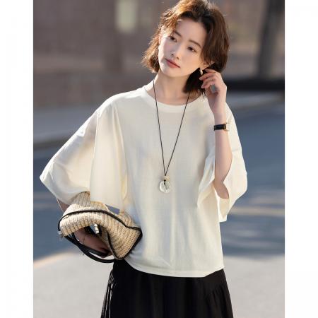 BY17791# 莱赛尔夏季名媛风圆领七分喇叭袖宽松显瘦小个子t恤女高级感 服裝批發女裝批發服飾貨源