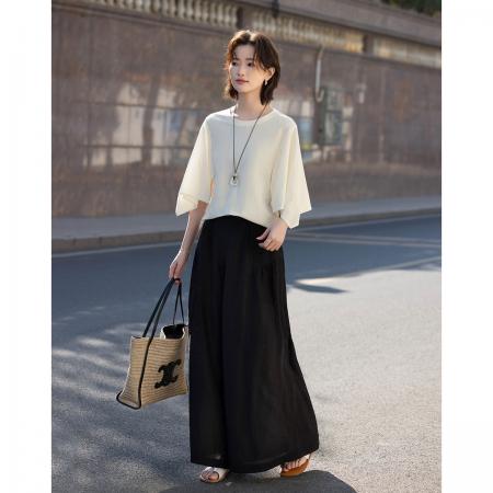 BY17791# 莱赛尔夏季名媛风圆领七分喇叭袖宽松显瘦小个子t恤女高级感 服裝批發女裝批發服飾貨源