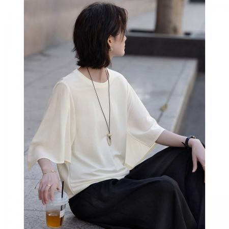 BY17791# 莱赛尔夏季名媛风圆领七分喇叭袖宽松显瘦小个子t恤女高级感 服裝批發女裝批發服飾貨源