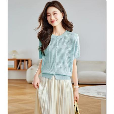 夏季新款镂空薄款设计感冰丝针织短袖T恤女上衣洋气时尚小衫 服裝批發女裝批發服飾貨源