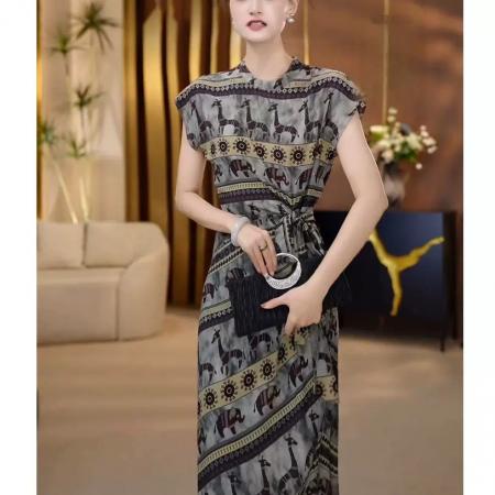 BY17793# 简约通勤收腰连衣裙女夏季新款高级感印花系带显瘦中长款裙子 服裝批發女裝批發服飾貨源