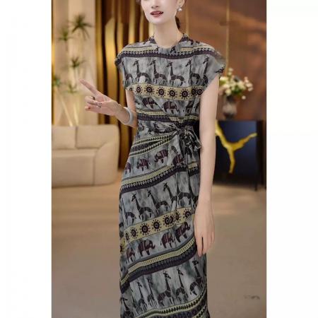 BY17793# 简约通勤收腰连衣裙女夏季新款高级感印花系带显瘦中长款裙子 服裝批發女裝批發服飾貨源