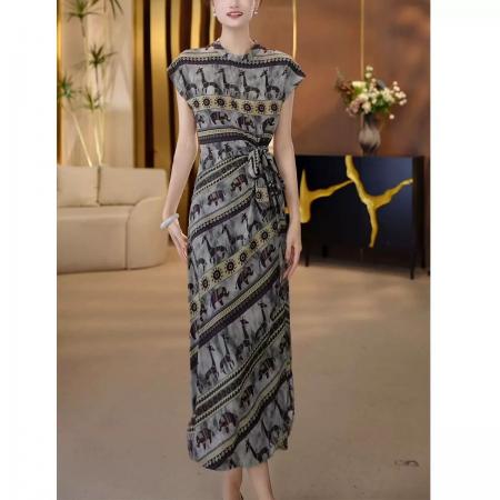 BY17793# 简约通勤收腰连衣裙女夏季新款高级感印花系带显瘦中长款裙子 服裝批發女裝批發服飾貨源