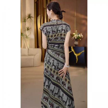 BY17793# 简约通勤收腰连衣裙女夏季新款高级感印花系带显瘦中长款裙子 服裝批發女裝批發服飾貨源