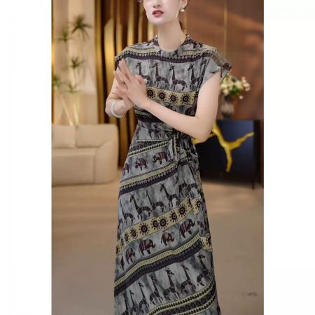 BY17793# 简约通勤收腰连衣裙女夏季新款高级感印花系带显瘦中长款裙子 服裝批發女裝批發服飾貨源