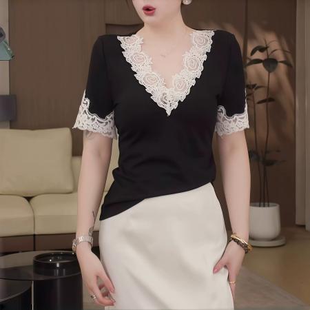 夏季新款气质百搭减龄休闲短袖T恤蕾丝显瘦修身纯欲风上衣潮 服裝批發女裝批發服飾貨源