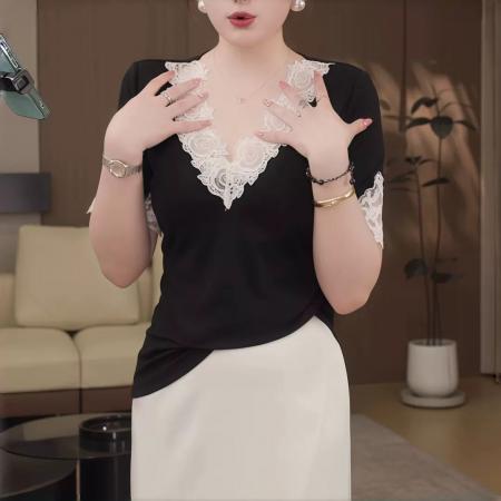 夏季新款气质百搭减龄休闲短袖T恤蕾丝显瘦修身纯欲风上衣潮 服裝批發女裝批發服飾貨源