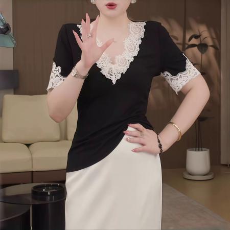 夏季新款气质百搭减龄休闲短袖T恤蕾丝显瘦修身纯欲风上衣潮 服裝批發女裝批發服飾貨源