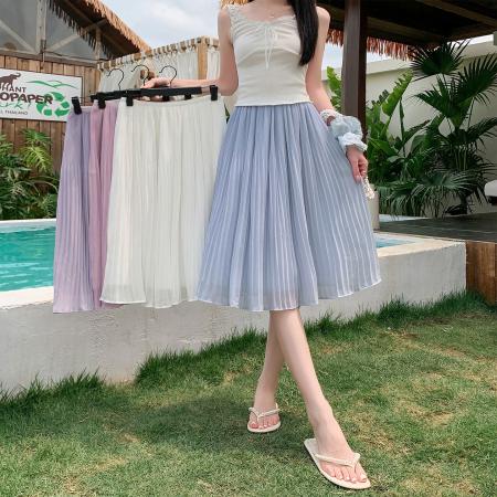 BY17797# 百褶裙a字半身裙女新款高腰显瘦垂坠感大摆雪纺中裙伞裙 服裝批發女裝批發服飾貨源