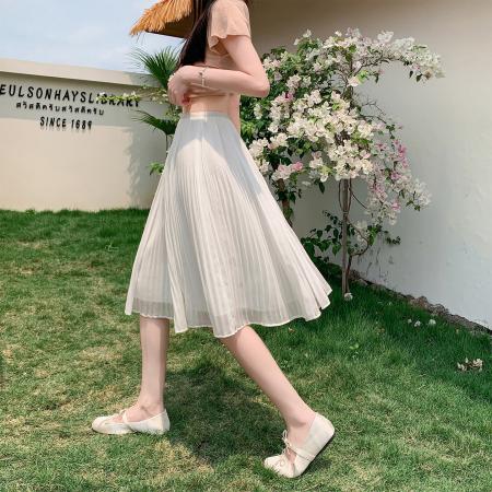 BY17797# 百褶裙a字半身裙女新款高腰显瘦垂坠感大摆雪纺中裙伞裙 服裝批發女裝批發服飾貨源