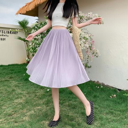 BY17797# 百褶裙a字半身裙女新款高腰显瘦垂坠感大摆雪纺中裙伞裙 服裝批發女裝批發服飾貨源