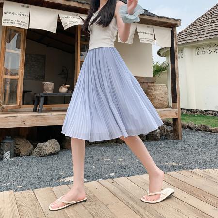 BY17797# 百褶裙a字半身裙女新款高腰显瘦垂坠感大摆雪纺中裙伞裙 服裝批發女裝批發服飾貨源