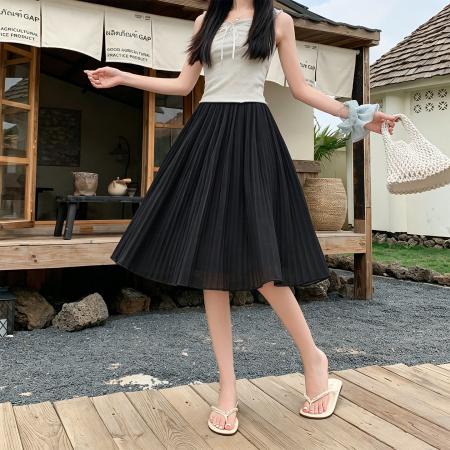 BY17797# 百褶裙a字半身裙女新款高腰显瘦垂坠感大摆雪纺中裙伞裙 服裝批發女裝批發服飾貨源