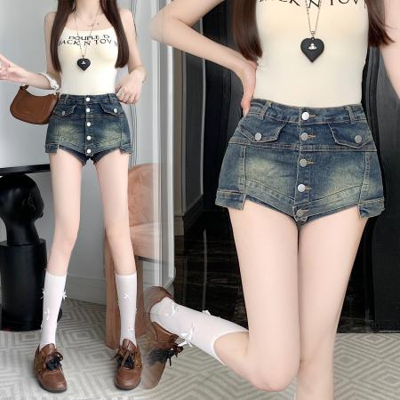 夏季新款水洗美式复古牛仔短裙女高腰修身A字半身裙裤裙 服裝批發女裝批發服飾貨源