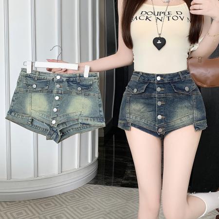 夏季新款水洗美式复古牛仔短裙女高腰修身A字半身裙裤裙 服裝批發女裝批發服飾貨源