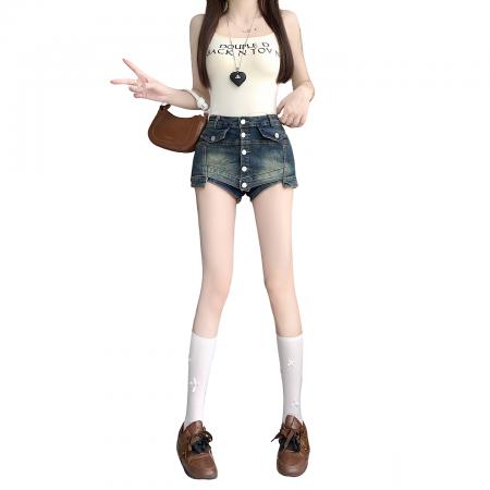 夏季新款水洗美式复古牛仔短裙女高腰修身A字半身裙裤裙 服裝批發女裝批發服飾貨源