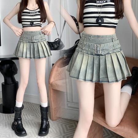 美式纯欲风辣妹设计感弹力牛仔百褶半身裙裤裙 服裝批發女裝批發服飾貨源