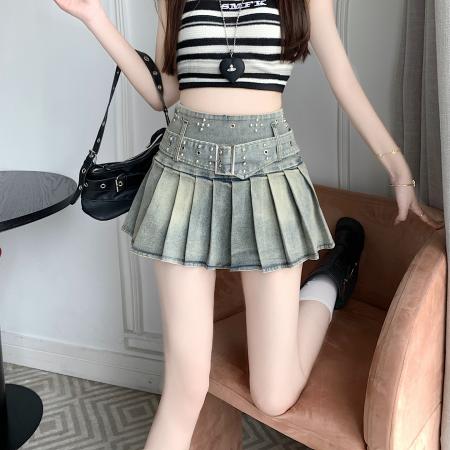 美式纯欲风辣妹设计感弹力牛仔百褶半身裙裤裙 服裝批發女裝批發服飾貨源