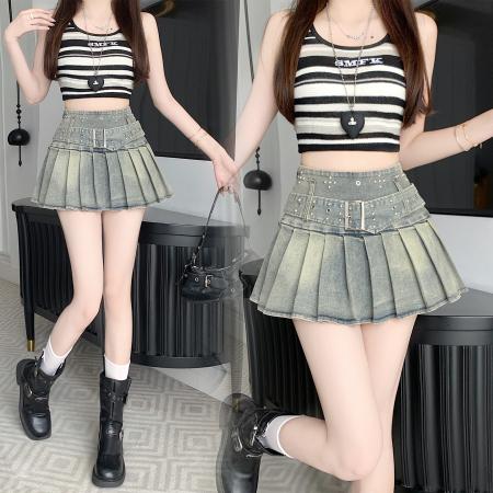 美式纯欲风辣妹设计感弹力牛仔百褶半身裙裤裙 服裝批發女裝批發服飾貨源