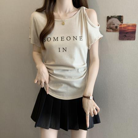 夏季新款大码女装短袖字母印花露肩不规则T恤胖MM上衣 服裝批發女裝批發服飾貨源