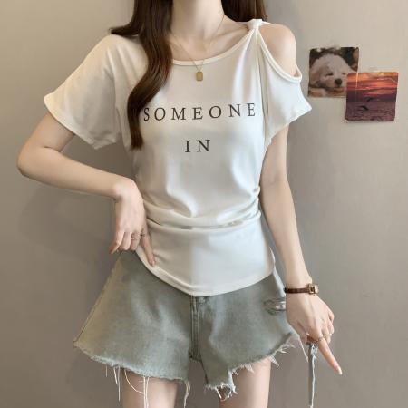 夏季新款大码女装短袖字母印花露肩不规则T恤胖MM上衣 服裝批發女裝批發服飾貨源