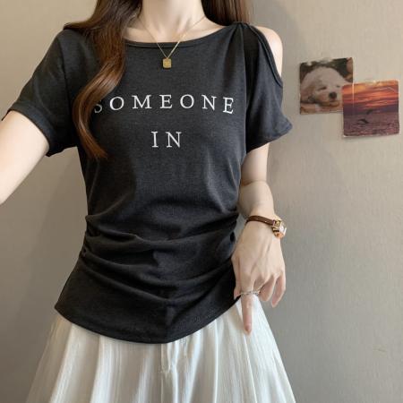 夏季新款大码女装短袖字母印花露肩不规则T恤胖MM上衣 服裝批發女裝批發服飾貨源