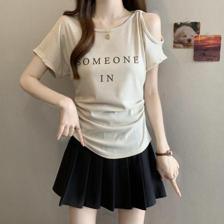 夏季新款大码女装短袖字母印花露肩不规则T恤胖MM上衣 服裝批發女裝批發服飾貨源