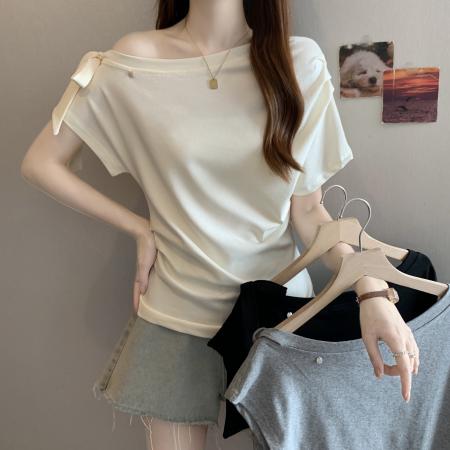 夏季新款大码女装短袖斜领系带T恤胖MM简约百搭上衣女 服裝批發女裝批發服飾貨源