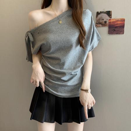 夏季新款大码女装短袖斜领系带T恤胖MM简约百搭上衣女 服裝批發女裝批發服飾貨源